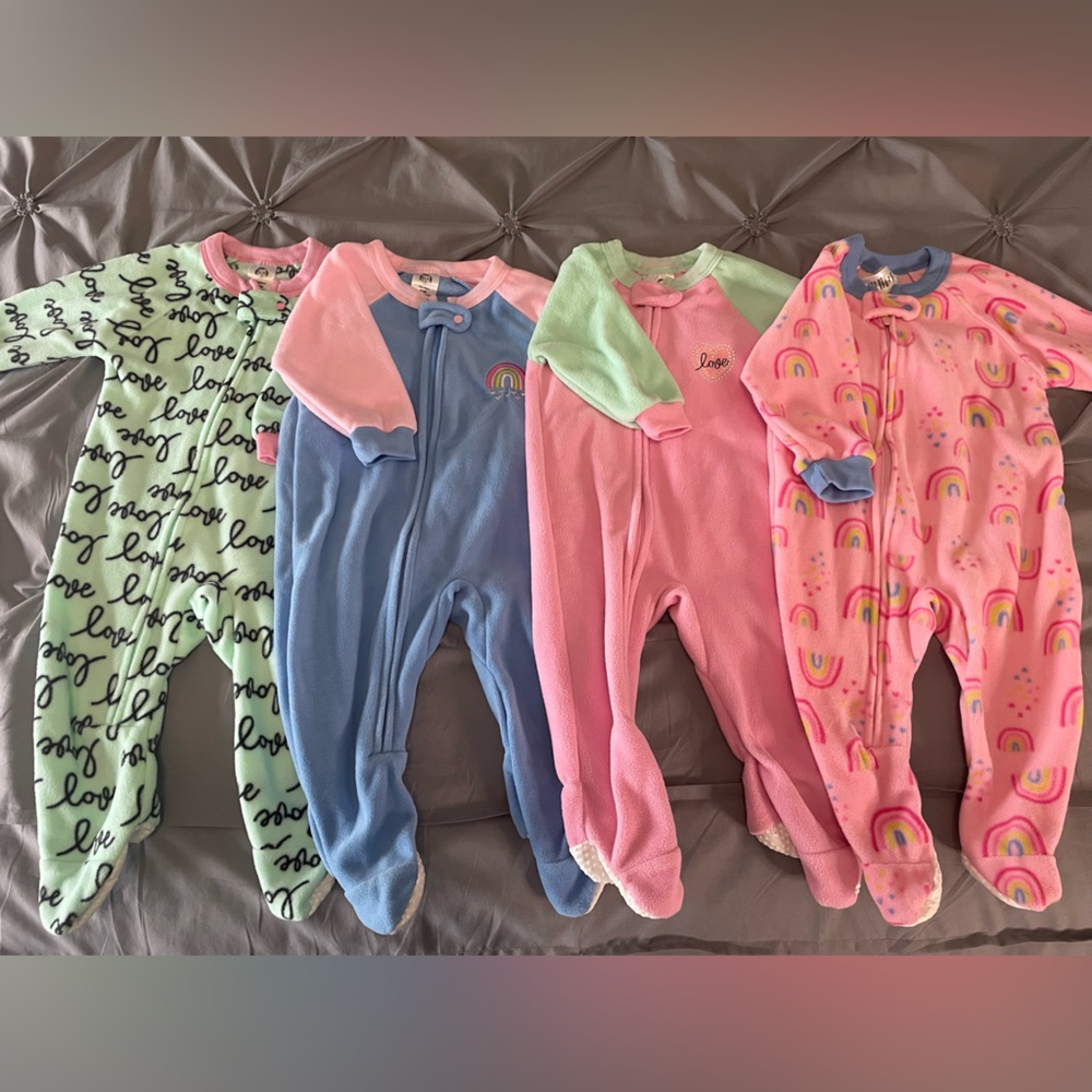FOUR super soft fleece footie baby pajamas size 6-9 months